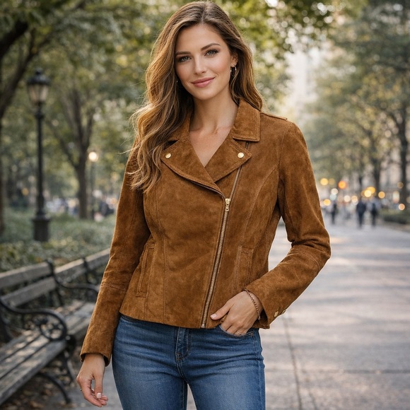 Isaac Mizrahi Jackets & Blazers - Isaac Mizrahi Leather Suede Motorcycle Moto Jacket Brown Gold Size 12